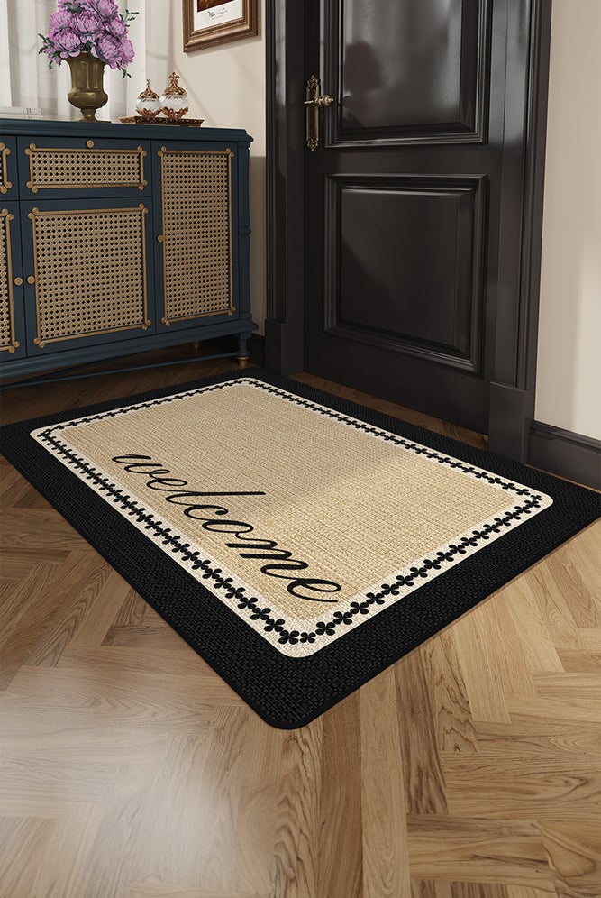 SHABILI Shoe Scraper Welcome Mat Floor Mat for homes indoor, Kai Ni Velvet chenille, low profile non slip, scrapes sand and dust, wipe clean, great for entryways kitchens laundry rooms, beige black border - Image 2