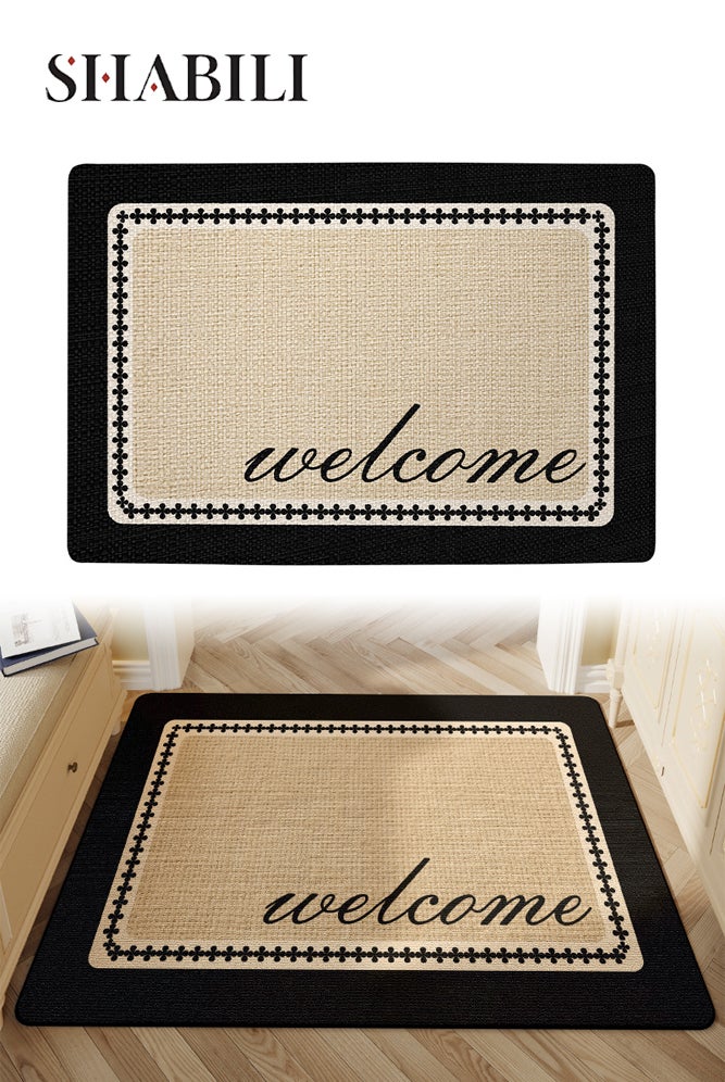 SHABILI Shoe Scraper Welcome Mat Floor Mat for homes indoor, Kai Ni Velvet chenille, low profile non slip, scrapes sand and dust, wipe clean, great for entryways kitchens laundry rooms, beige black border - Image 1