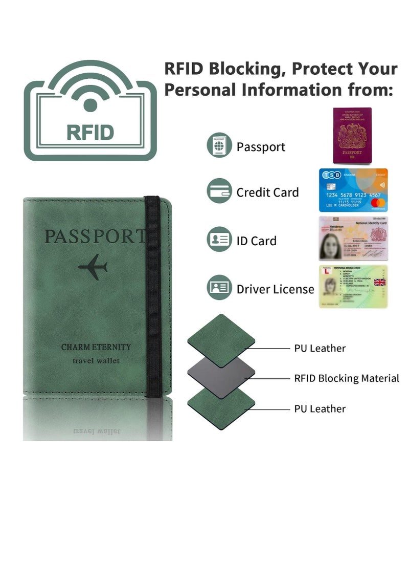 أم جي زي حافظة جواز سفر مزودة بغطاء محفظة، حافظة جواز سفر مزودة بخاصية حجب RFID، حامل وثائق سفر من جلد البولي يوريثان، حاملات كتب جوازات السفر لإكسسوارات السفر (أخضر)  - Image 3