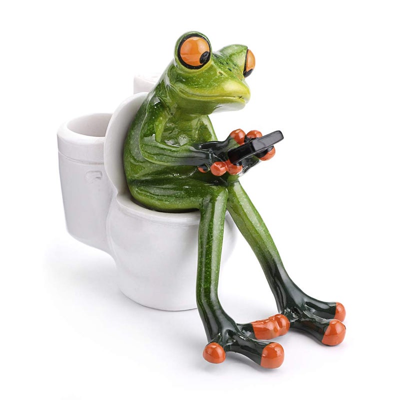 JUXYES Resin Creative 3D Craft Frog Figurine Statue Funny Green Frog Texting On Toilet Personalized Animal Collectible Figurines Frog Crafts for Home Office Decoration