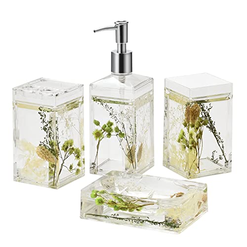 Locco Decor طقم لوازم الحمام العائم 4D من لوكو ديكور 4 قطع أكريليك مع حامل فرشاة الأسنان، كوب، موزع صابون، وصحن صابون، نباتات خضراء حديقة - Image 1