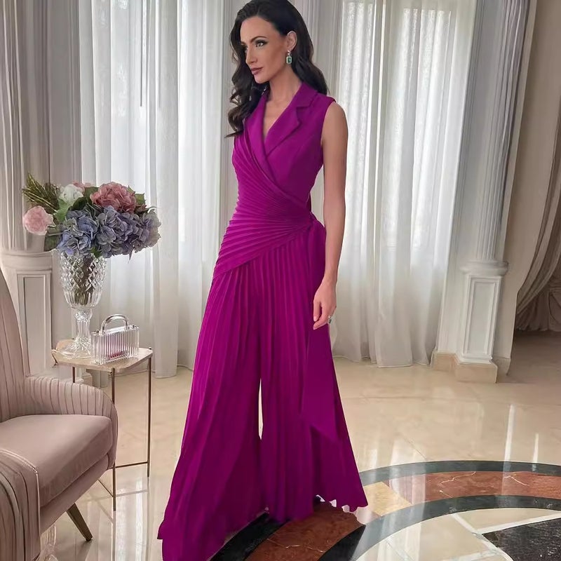 Europe And America Fashion Lapel Pleated Solid Color Wide Leg Pants Women - Image 3
