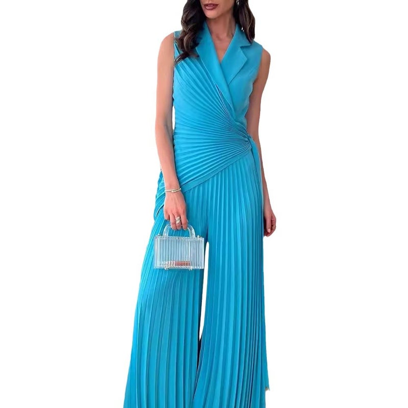 Europe And America Fashion Lapel Pleated Solid Color Wide Leg Pants Women - Image 5