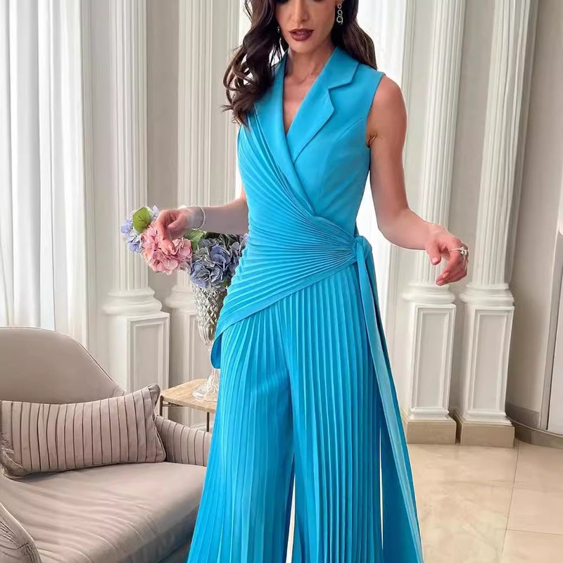 Europe And America Fashion Lapel Pleated Solid Color Wide Leg Pants Women - Image 4