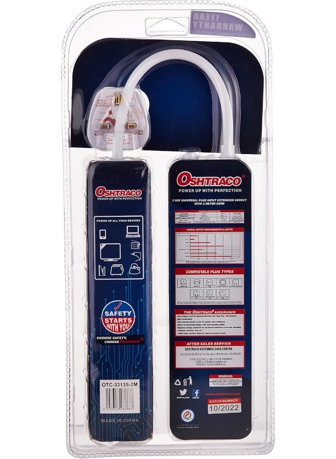 Oshtraco OTC3313S-2M 3 Way Universal Extension Socket with 2 Meter Cord - Image 2