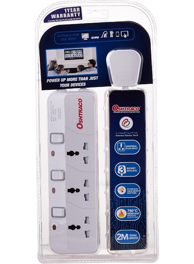 Oshtraco OTC3313S-2M 3 Way Universal Extension Socket with 2 Meter Cord - Image 1