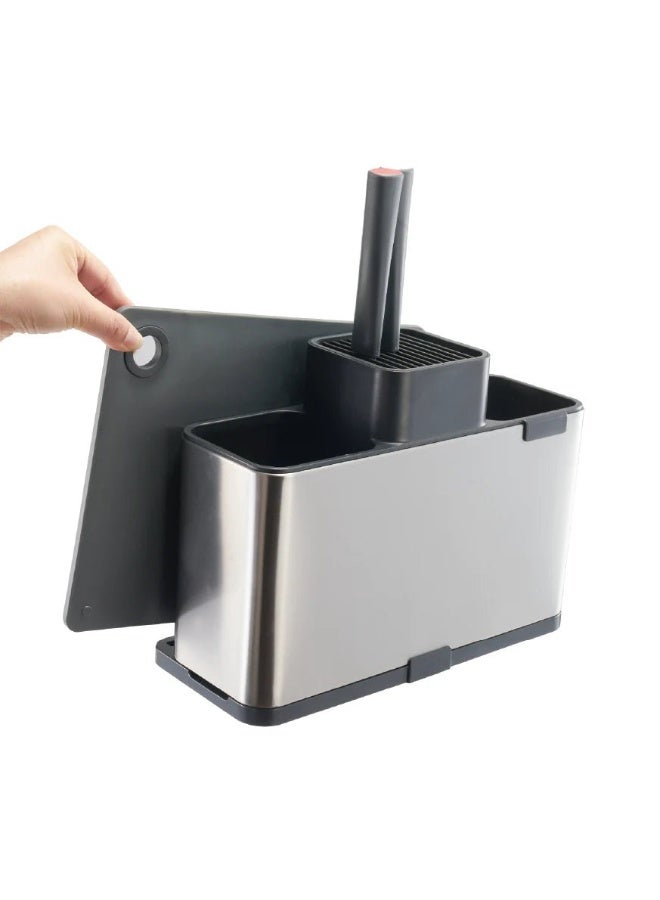 AKDC Premium Stainless Steel Multi-Purpose Kitchen Utensil Organizer with Knife Slots, Cutlery Compartments & Integrated Chopping Board – Heavy-Duty Countertop Storage (310×136×233 mm) - Image 2