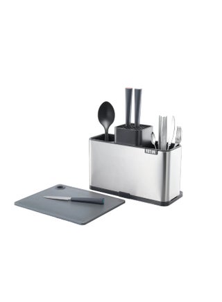 AKDC Premium Stainless Steel Multi-Purpose Kitchen Utensil Organizer with Knife Slots, Cutlery Compartments & Integrated Chopping Board – Heavy-Duty Countertop Storage (310×136×233 mm)