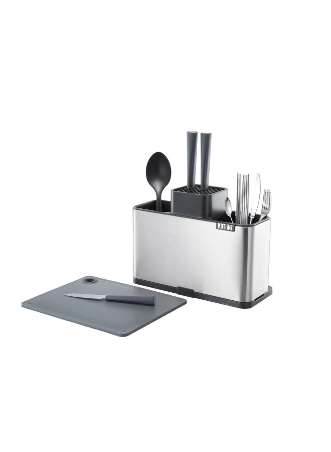 AKDC Premium Stainless Steel Multi-Purpose Kitchen Utensil Organizer with Knife Slots, Cutlery Compartments & Integrated Chopping Board – Heavy-Duty Countertop Storage (310×136×233 mm) - Image 1