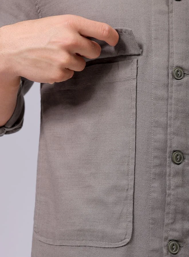 شركة المرآب الهندية Men Regular Fit Solid Full Sleeves Cutaway Collar Double Flap Pocket Resort Wear Over Shirt