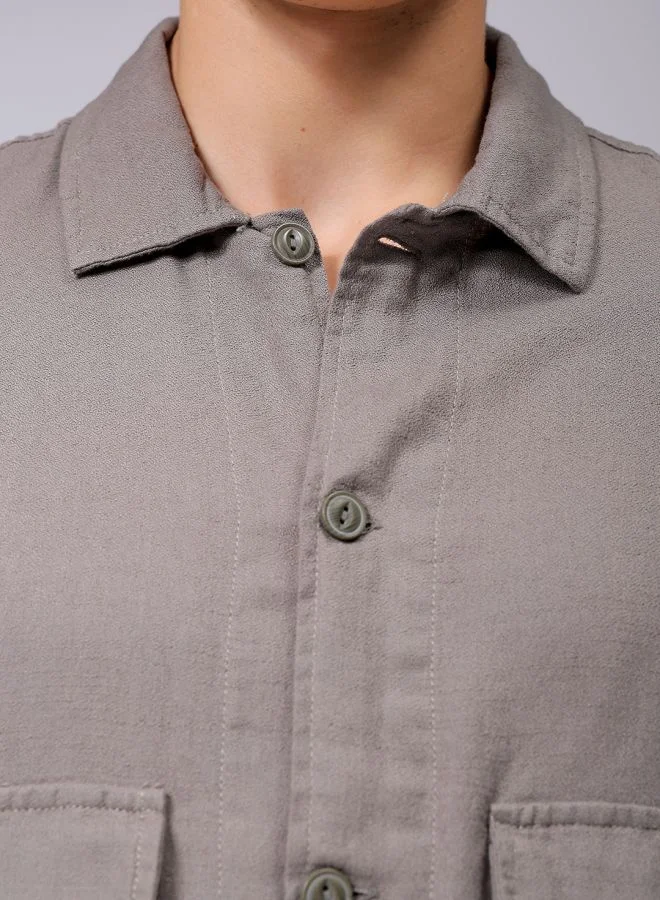 شركة المرآب الهندية Men Regular Fit Solid Full Sleeves Cutaway Collar Double Flap Pocket Resort Wear Over Shirt