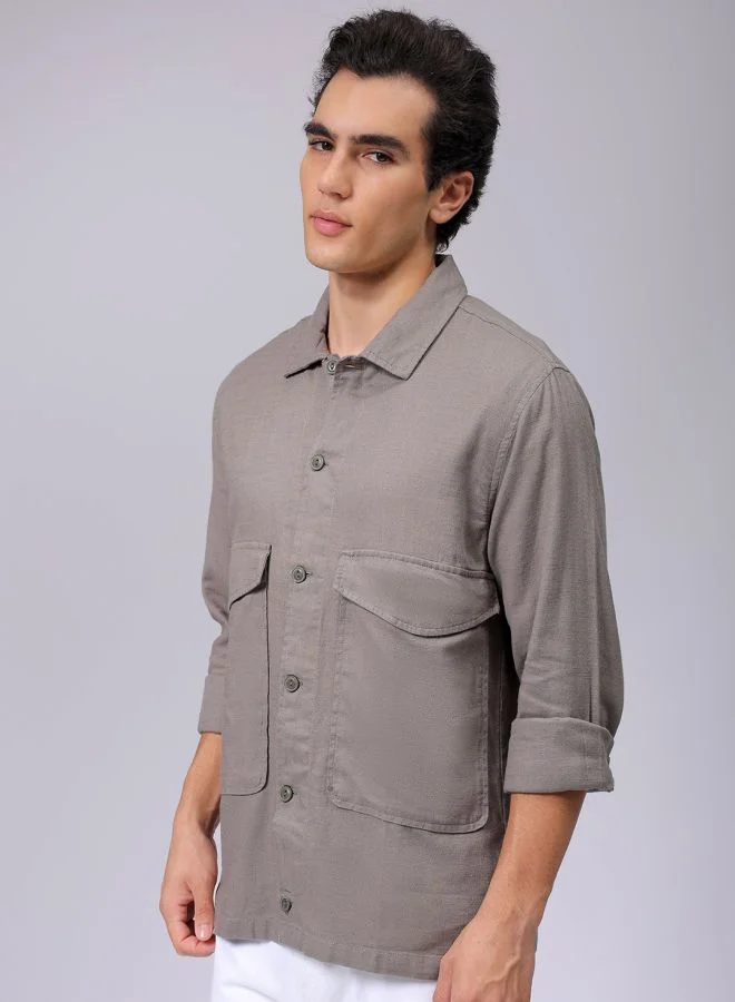 شركة المرآب الهندية Men Regular Fit Solid Full Sleeves Cutaway Collar Double Flap Pocket Resort Wear Over Shirt