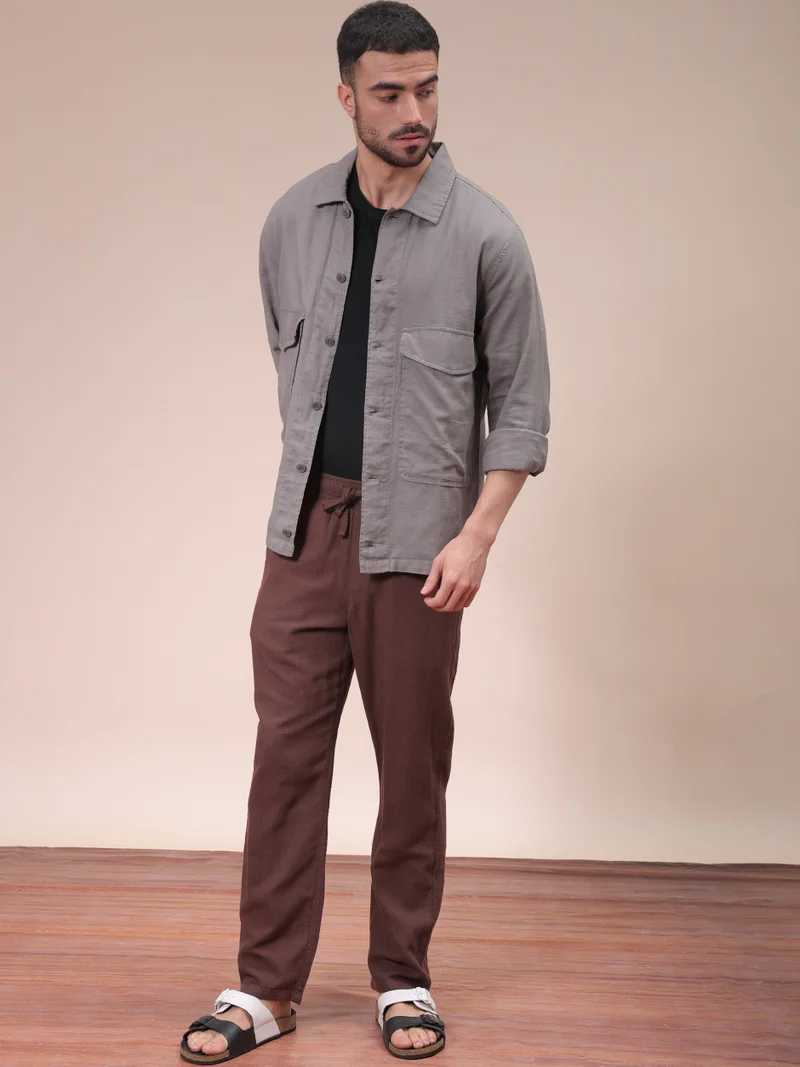 شركة المرآب الهندية Men Regular Fit Solid Full Sleeves Cutaway Collar Double Flap Pocket Resort Wear Over Shirt