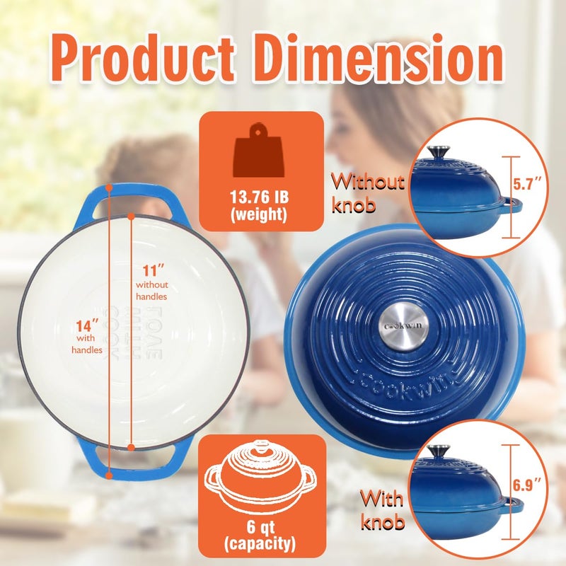 COOKWIN Enameled Cast Iron Bread Oven, 6 Quart Dutch Oven for Bread Sourdough Baking, 11" Thick Enamel Bread Baking Pan Kit with Lid for Stews, Roasts and Gifts for Family, Blue - Image 4