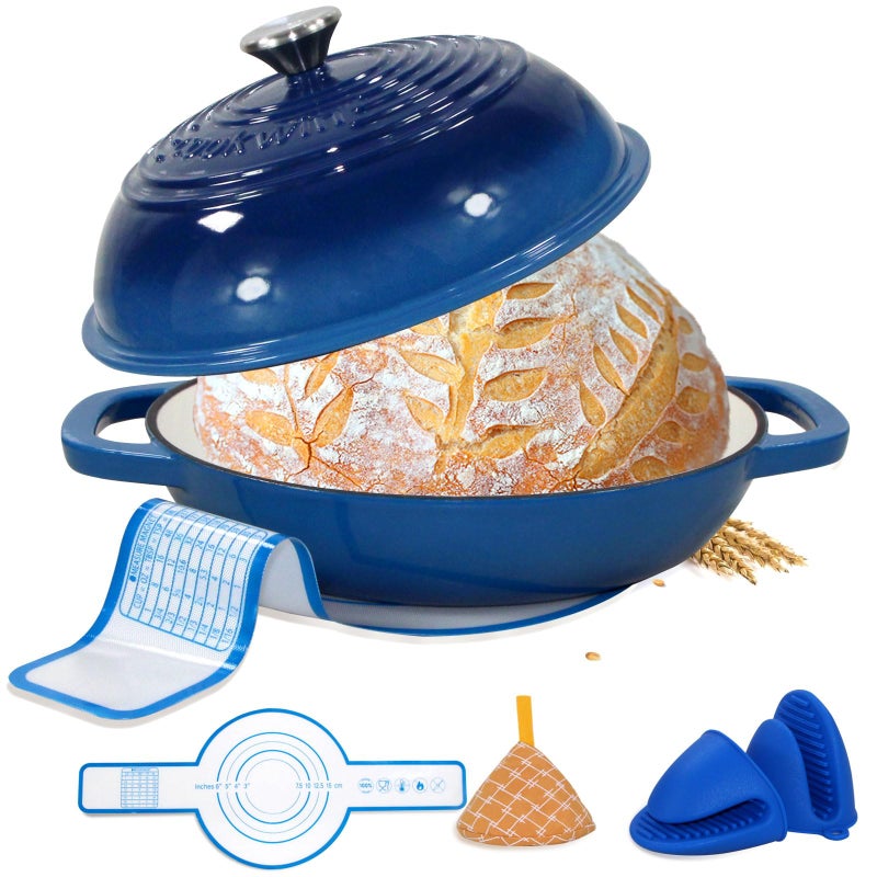 COOKWIN Enameled Cast Iron Bread Oven, 6 Quart Dutch Oven for Bread Sourdough Baking, 11" Thick Enamel Bread Baking Pan Kit with Lid for Stews, Roasts and Gifts for Family, Blue - Image 1