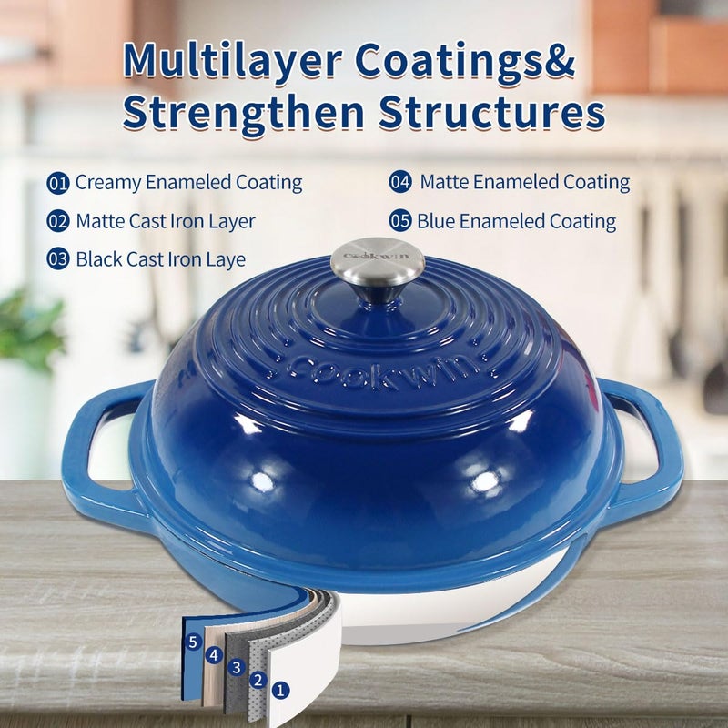 COOKWIN Enameled Cast Iron Bread Oven, 6 Quart Dutch Oven for Bread Sourdough Baking, 11" Thick Enamel Bread Baking Pan Kit with Lid for Stews, Roasts and Gifts for Family, Blue - Image 5