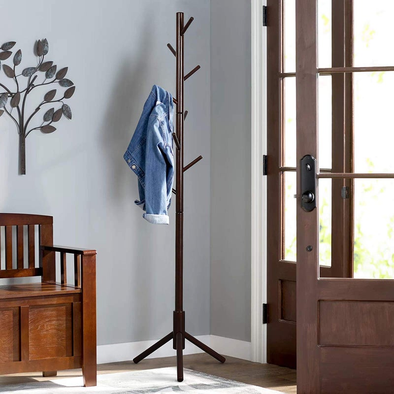 STAR WORK STAR WORK Wooden Coat Rack Tree 8 Hook Adjustable Height Hat Jacket and Sweater Hanging Stand Easy Assembly Elegant Design for Home or Office Hall and Entryway Walnut - Image 2
