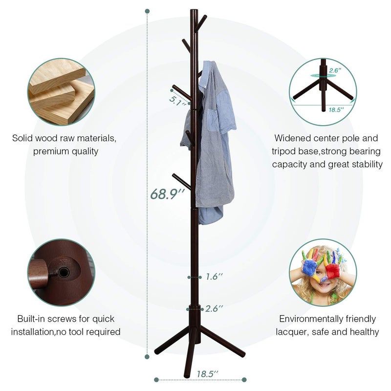 STAR WORK STAR WORK Wooden Coat Rack Tree 8 Hook Adjustable Height Hat Jacket and Sweater Hanging Stand Easy Assembly Elegant Design for Home or Office Hall and Entryway Walnut - Image 4