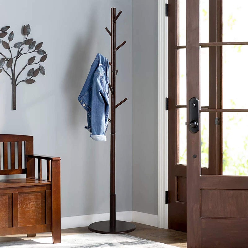 STAR WORK STAR WORK Wooden Coat Rack Tree 8 Hook Adjustable Height Hat Jacket and Sweater Hanging Stand Easy Assembly Elegant Design for Home or Office Hall and Entryway Walnut - Image 5