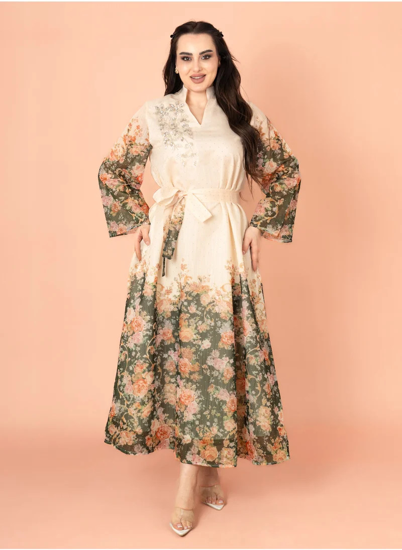 IKKXA Floral Belted Embroidery Jalabiya Green