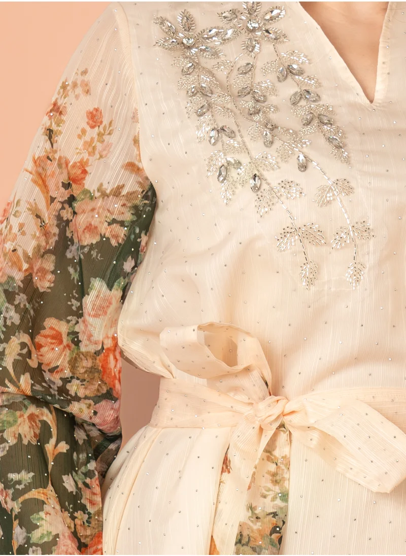 IKKXA Floral Belted Embroidery Jalabiya Green
