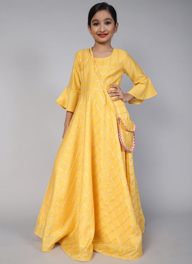 AKS Yellow Checked Maxi Dress For Girls - Image 1