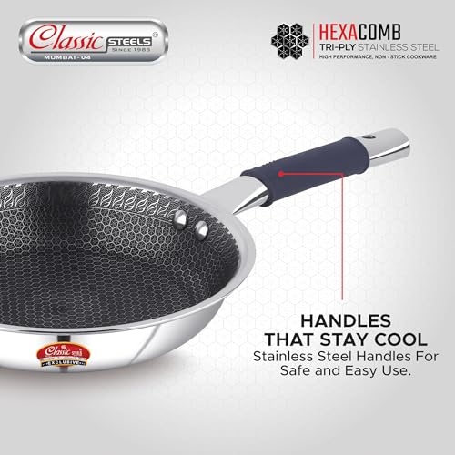 Classic Steels Hexa Comb Triply Frypan with Glass Lid - 2.5 LTR (26cm) | Stainless Steel Non-Stick Fry Pan | Induction & Gas Compatible | 2.5mm Thickness | Durable Stay Cool Silicon Handle - Image 5