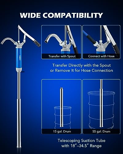 Orion Motor Tech Lever Action Barrel Pump Heavy Duty Barrel Hand Pump with Telescoping Suction Tube Fits 15 to 55 Gallon Drums Transferring Heating Oil Motor Oil Transmission Fluid - Image 3