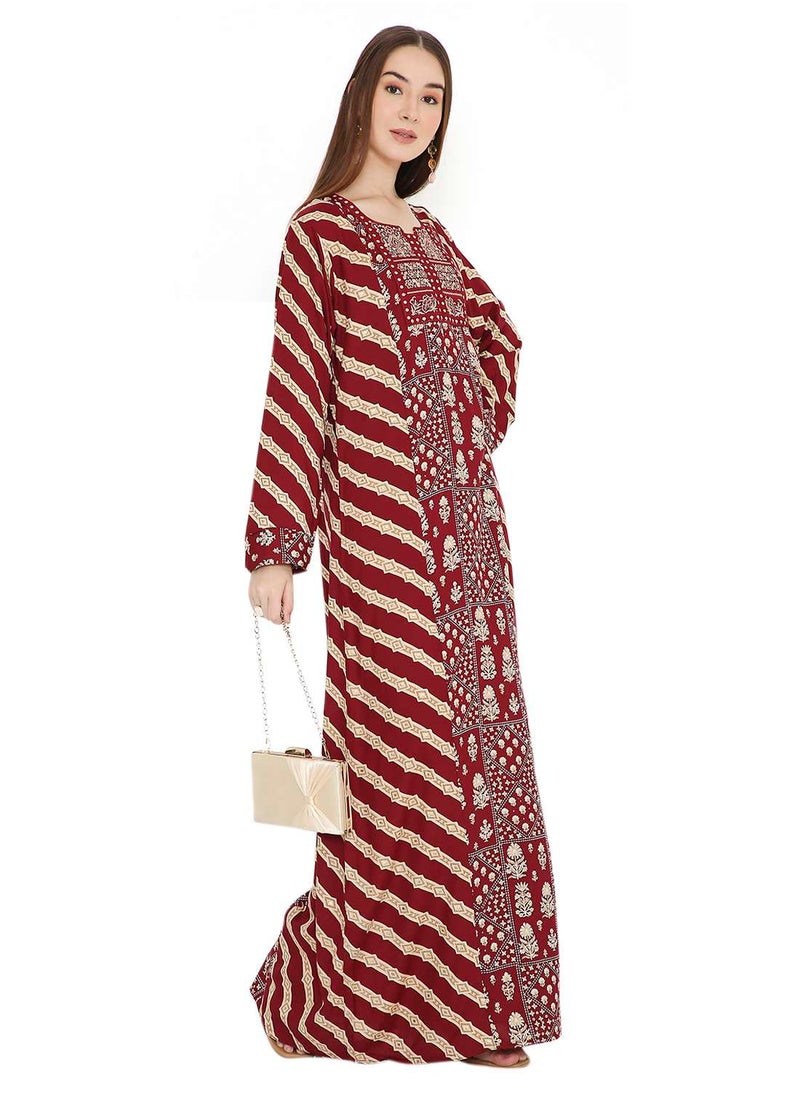 HANA & SARA UNIQUE STYLE PRINTED WITH THREAD EMBROIDERY LONG VISCOSE ARABIC KAFTAN JALABIYA DRESSES  - Image 1