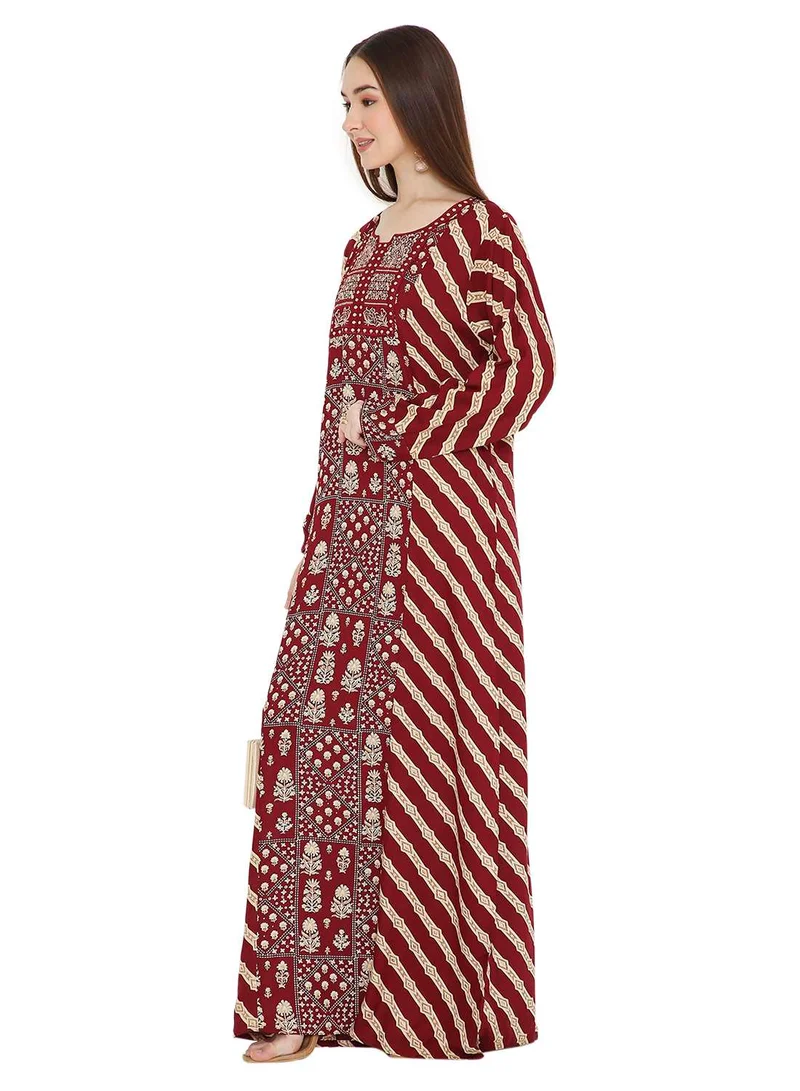 HANA & SARA UNIQUE STYLE PRINTED WITH THREAD EMBROIDERY LONG VISCOSE ARABIC KAFTAN JALABIYA DRESSES