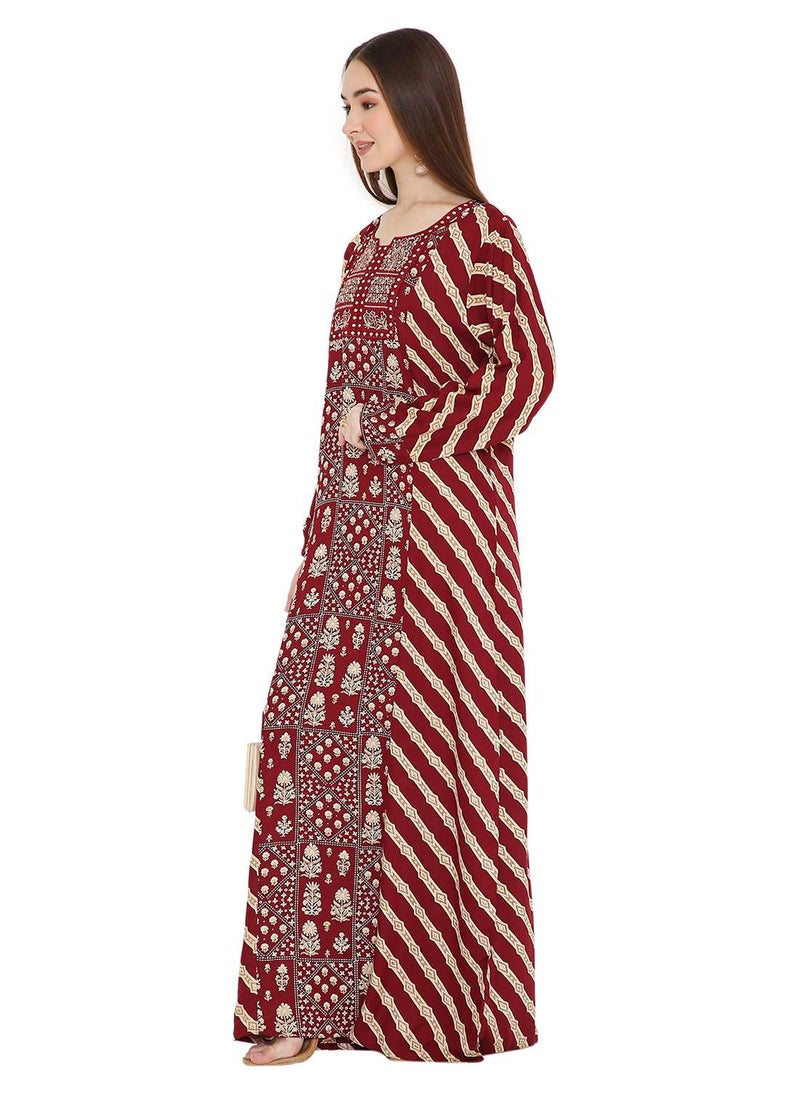HANA & SARA UNIQUE STYLE PRINTED WITH THREAD EMBROIDERY LONG VISCOSE ARABIC KAFTAN JALABIYA DRESSES  - Image 4