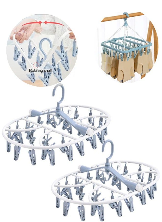 YelaJoy Foldable Clip Hangers, Hanger with 32 Drying Clips, Plastic Laundry Clip, Round Clothes Hanger Organizer, 360° Rotatable Drying Rack for Socks, Lingerie, Towels and Other Small Objects (Blue, 2PCS) - Image 1