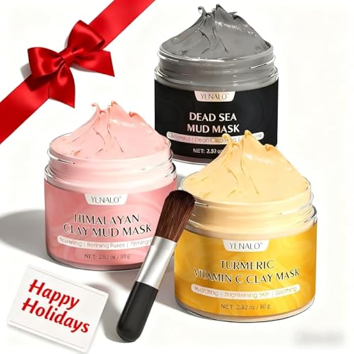YLNALO Stocking Stuffers for Women 3 Pcs Clay Facial Mask Set - Turmeric Vitamin C, Dead Sea and Himalayan Clay Skin Care Mask for Deep Cleansing, Moisturizing, and Refining Pores, Spa Facial Mask Set - Image 1