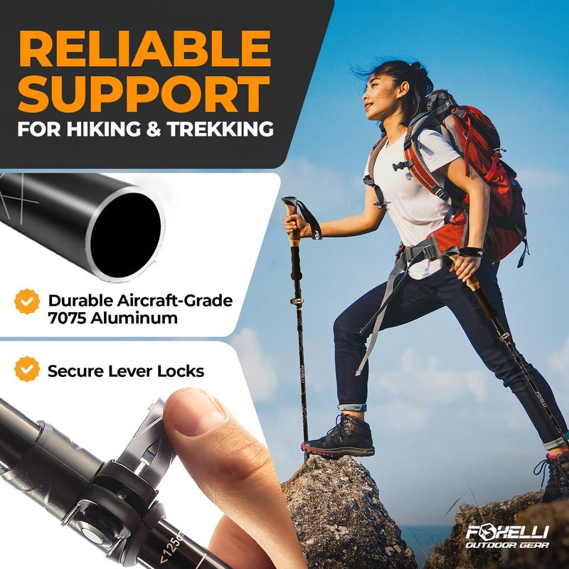Foxelli Lightweight Trekking Poles â€“ Compact Walking Sticks with Quick Locks, Ergonomic Cork Grip & All-Terrain Accessories â€“ Adjustable Collapsible Poles for Travel & Hiking - Image 3