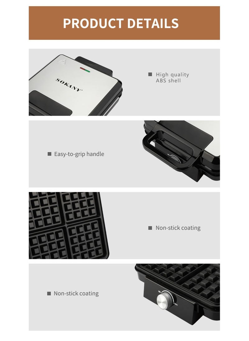 sokany - Electric waffle maker 4 large pieces 1500 watts Non Stick Teflon plates & Adjustable Temperature Control SK-08031 Black - Image 1