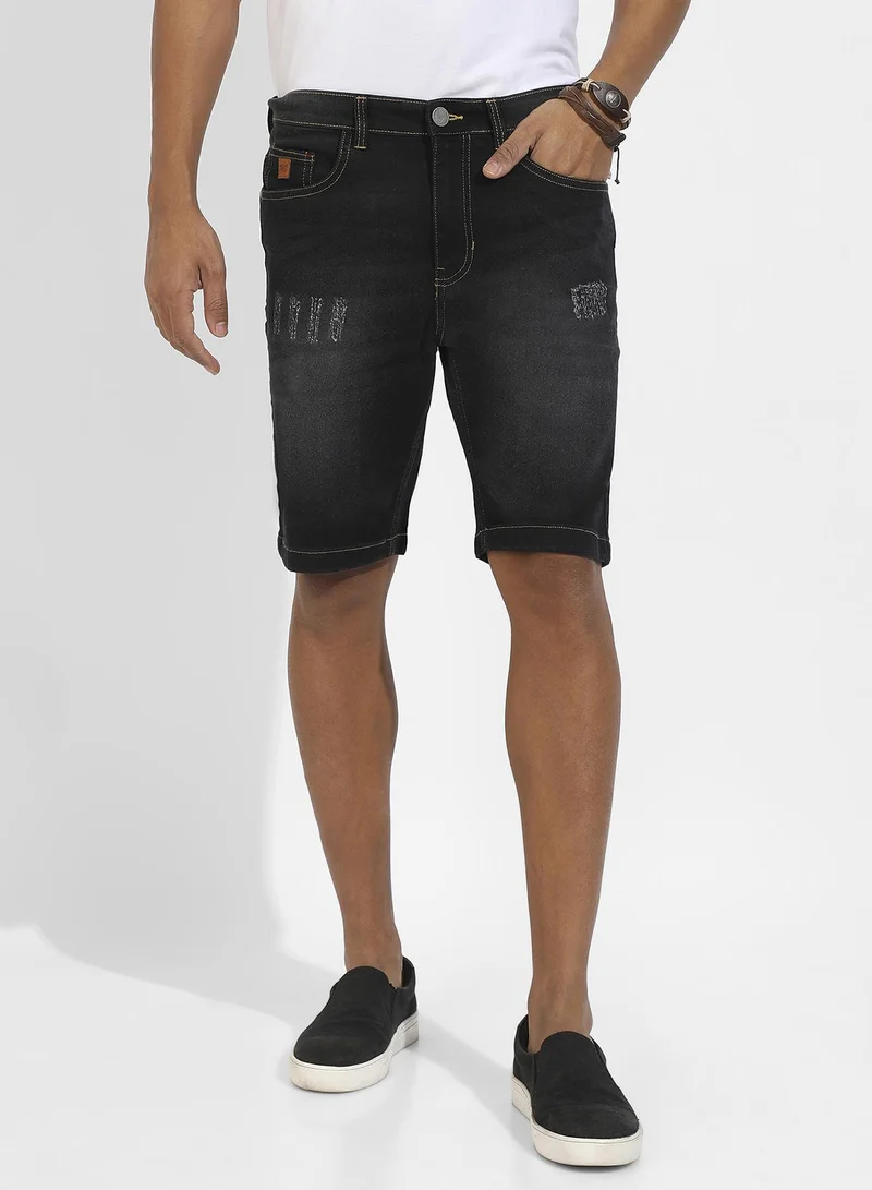 Campus Sutra Men's Solid Black Denim Shorts For Casual Wear | Dark-Wash | Regular Fit | Button Closure | Denim Shorts Crafted With Comfort Fit For Everyday Wear