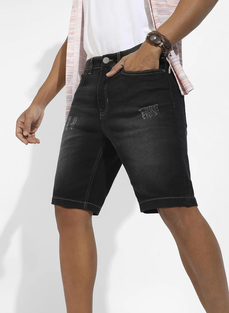 Campus Sutra Men's Solid Black Denim Shorts For Casual Wear | Dark-Wash | Regular Fit | Button Closure | Denim Shorts Crafted With Comfort Fit For Everyday Wear