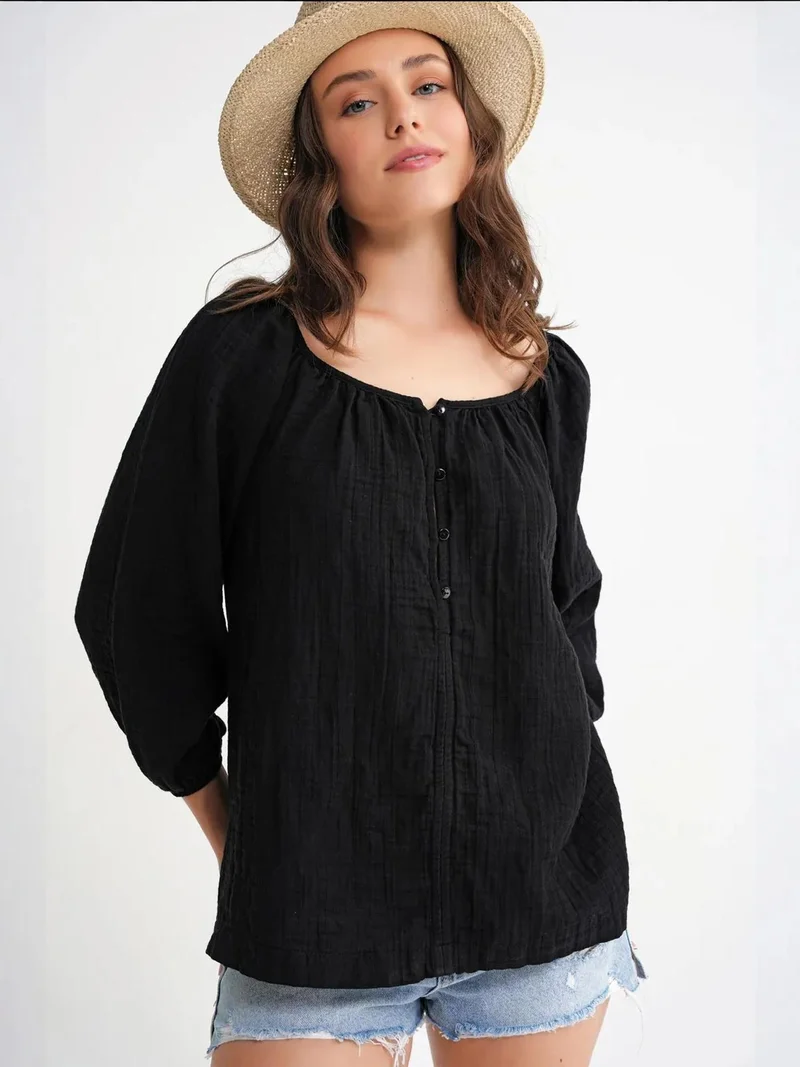 MixRay Black Mixray Buttoned Muslin Blouse for Women | Best Price UAE