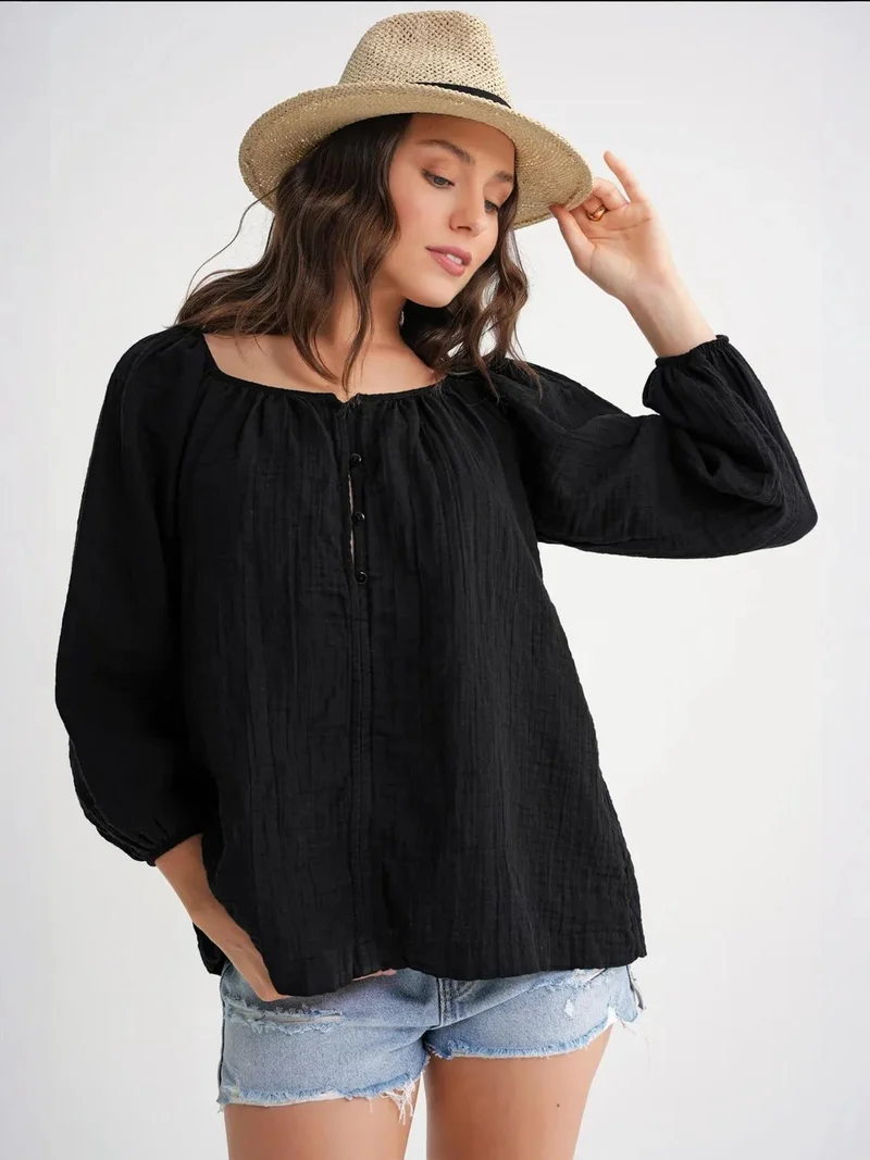 MixRay Black Mixray Buttoned Muslin Blouse for Women | Best Price UAE