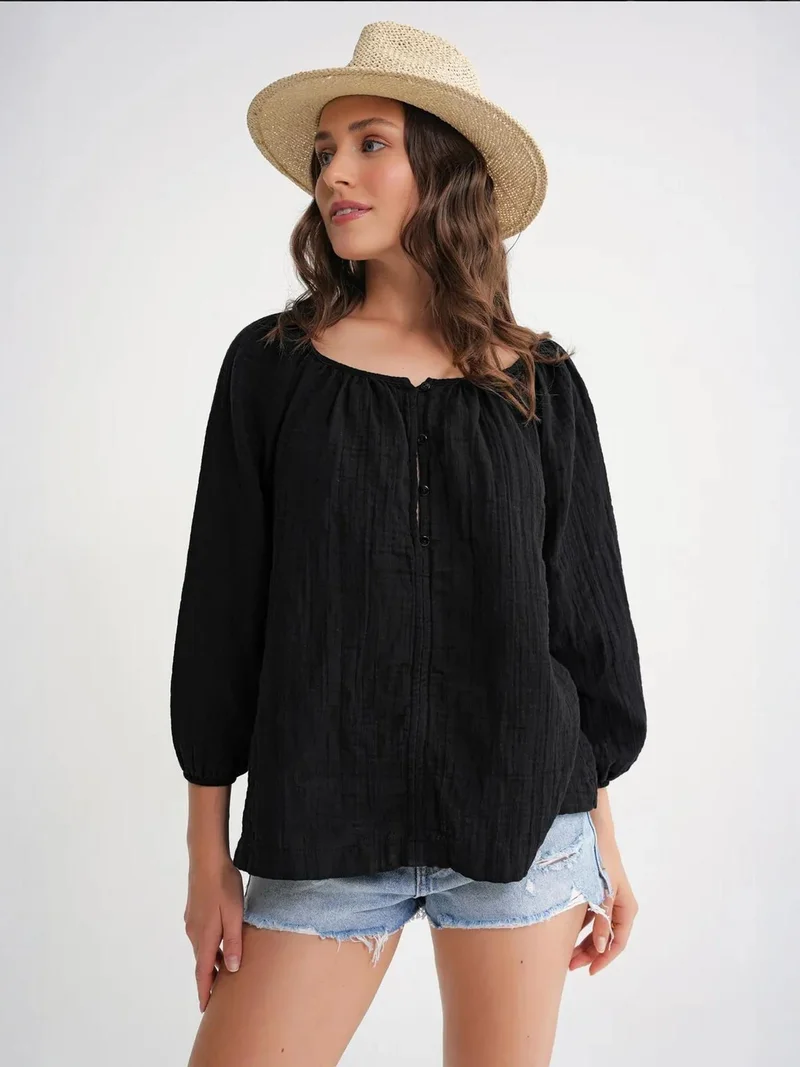 MixRay Black Mixray Buttoned Muslin Blouse for Women | Best Price UAE