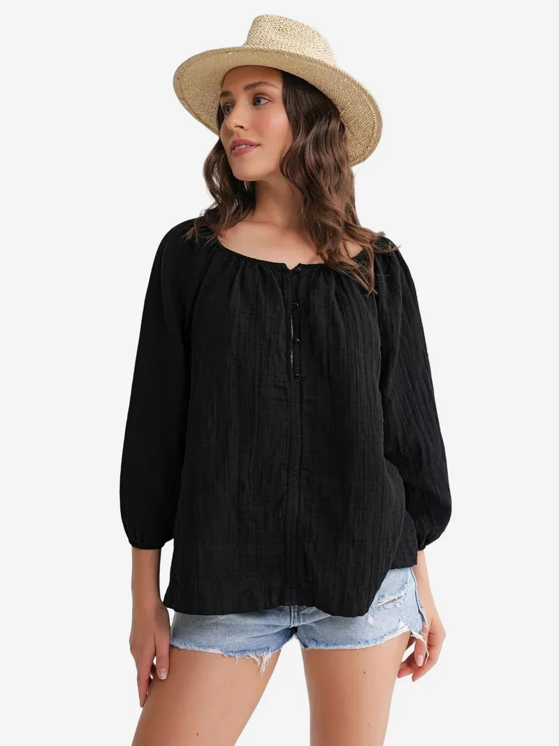 Mixray Black Mixray Buttoned Muslin Blouse for Women | Best Price UAE