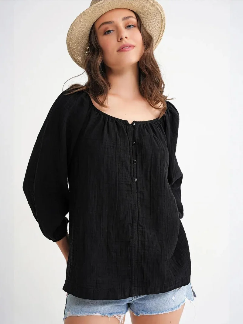 Mixray Black Mixray Buttoned Muslin Blouse for Women | Best Price UAE