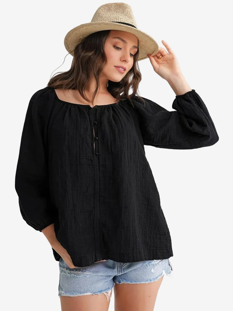 Mixray Black Mixray Buttoned Muslin Blouse for Women | Best Price UAE