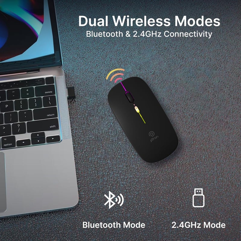 PTron فأرة فليك M1 سلكية رفيعة مع بطارية قابلة للشحن، اتصال مزدوج 2.4GHz وبلوتوث، 4 أزرار، 1000/1200/1600 DPI، أضواء LED زاهية، تشغيل صامت، توصيل وتشغيل، شحن نوع C (أسود) - Image 3