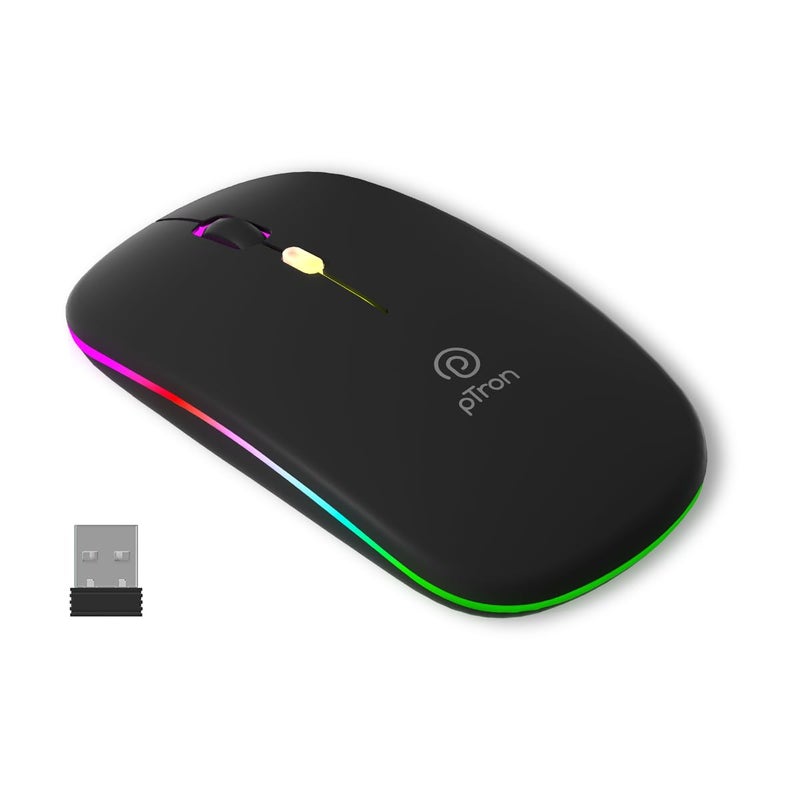 PTron فأرة فليك M1 سلكية رفيعة مع بطارية قابلة للشحن، اتصال مزدوج 2.4GHz وبلوتوث، 4 أزرار، 1000/1200/1600 DPI، أضواء LED زاهية، تشغيل صامت، توصيل وتشغيل، شحن نوع C (أسود) - Image 1