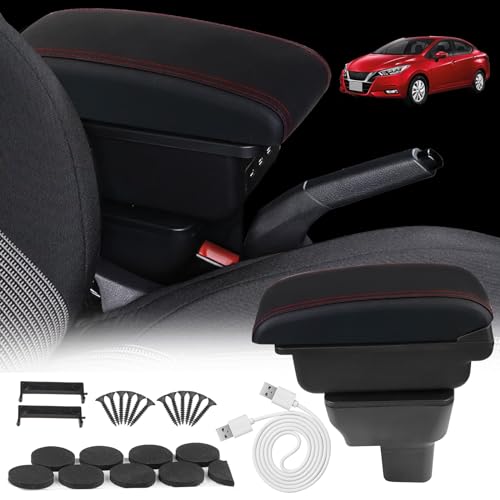 BHB Consoles Armrest Box Compatible with Nissan Almera Versa 2020-2024 Center Console Box Armrest Box USB Charge Black with Red Stitching - Image 1