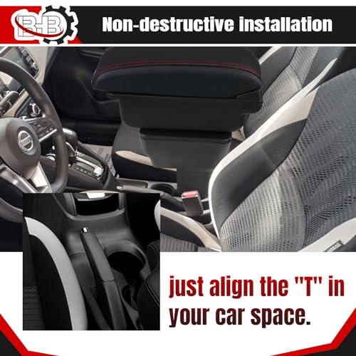 BHB Consoles Armrest Box Compatible with Nissan Almera Versa 2020-2024 Center Console Box Armrest Box USB Charge Black with Red Stitching - Image 3