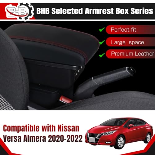 BHB Consoles Armrest Box Compatible with Nissan Almera Versa 2020-2024 Center Console Box Armrest Box USB Charge Black with Red Stitching - Image 2