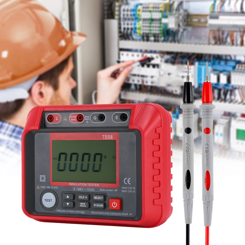 TS58 Digital Insulation Resistance Tester 0.1MΩ-10GΩ Megohmmeter with LCD Backlit Display AC DC 10-600V Maximum 2000 Counts DAR PI Index Insulated Resistance Meter Kit with Zipper Bag - Image 4