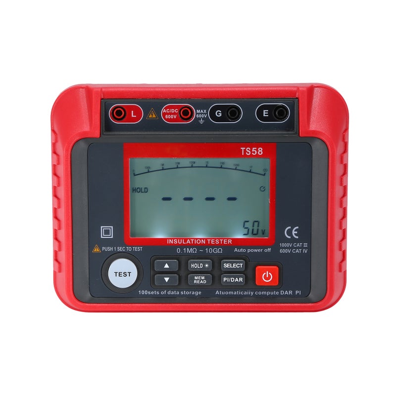 TS58 Digital Insulation Resistance Tester 0.1MΩ-10GΩ Megohmmeter with LCD Backlit Display AC DC 10-600V Maximum 2000 Counts DAR PI Index Insulated Resistance Meter Kit with Zipper Bag - Image 1